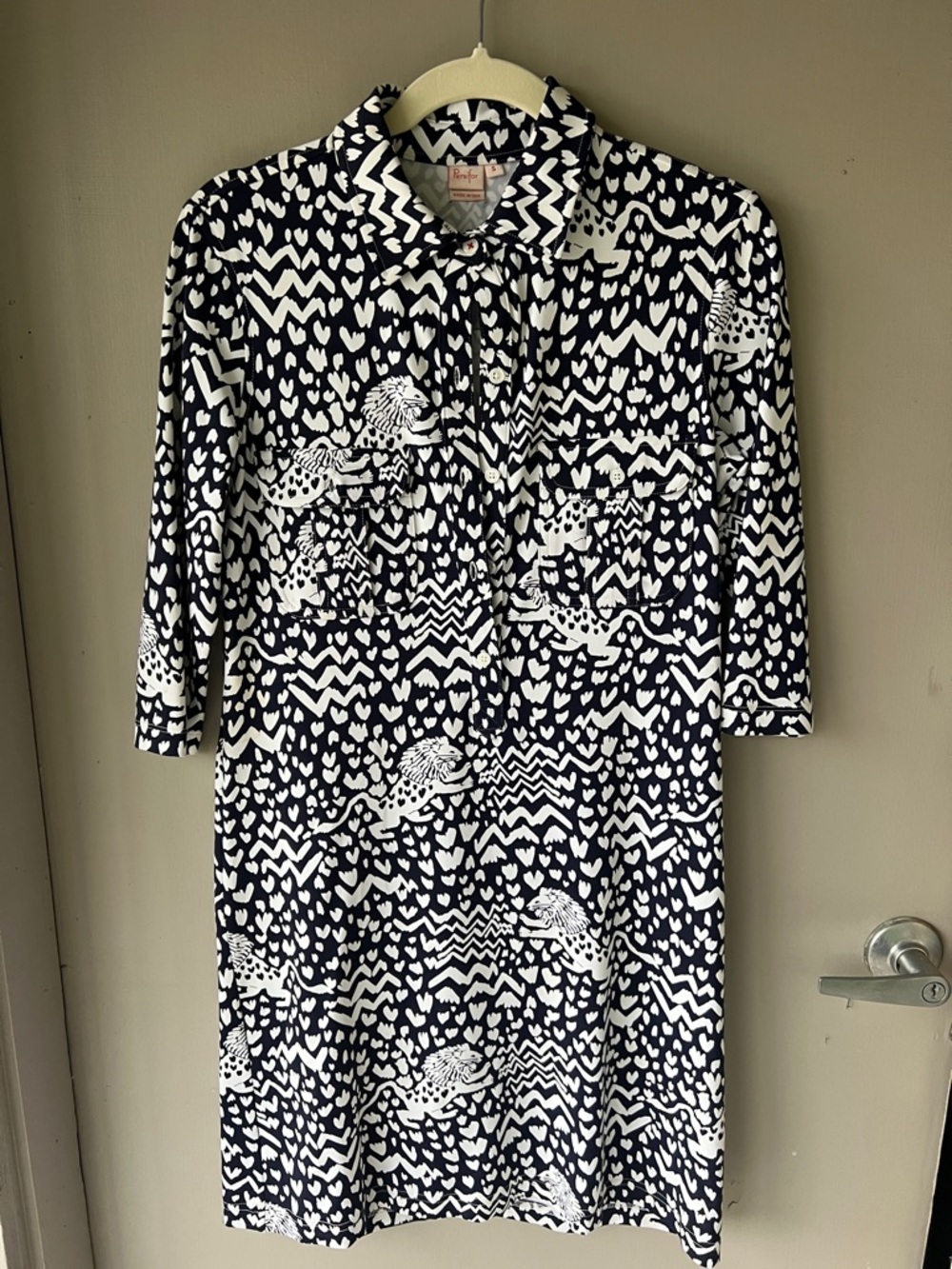Printed Navy and White Midi Shirt Dress